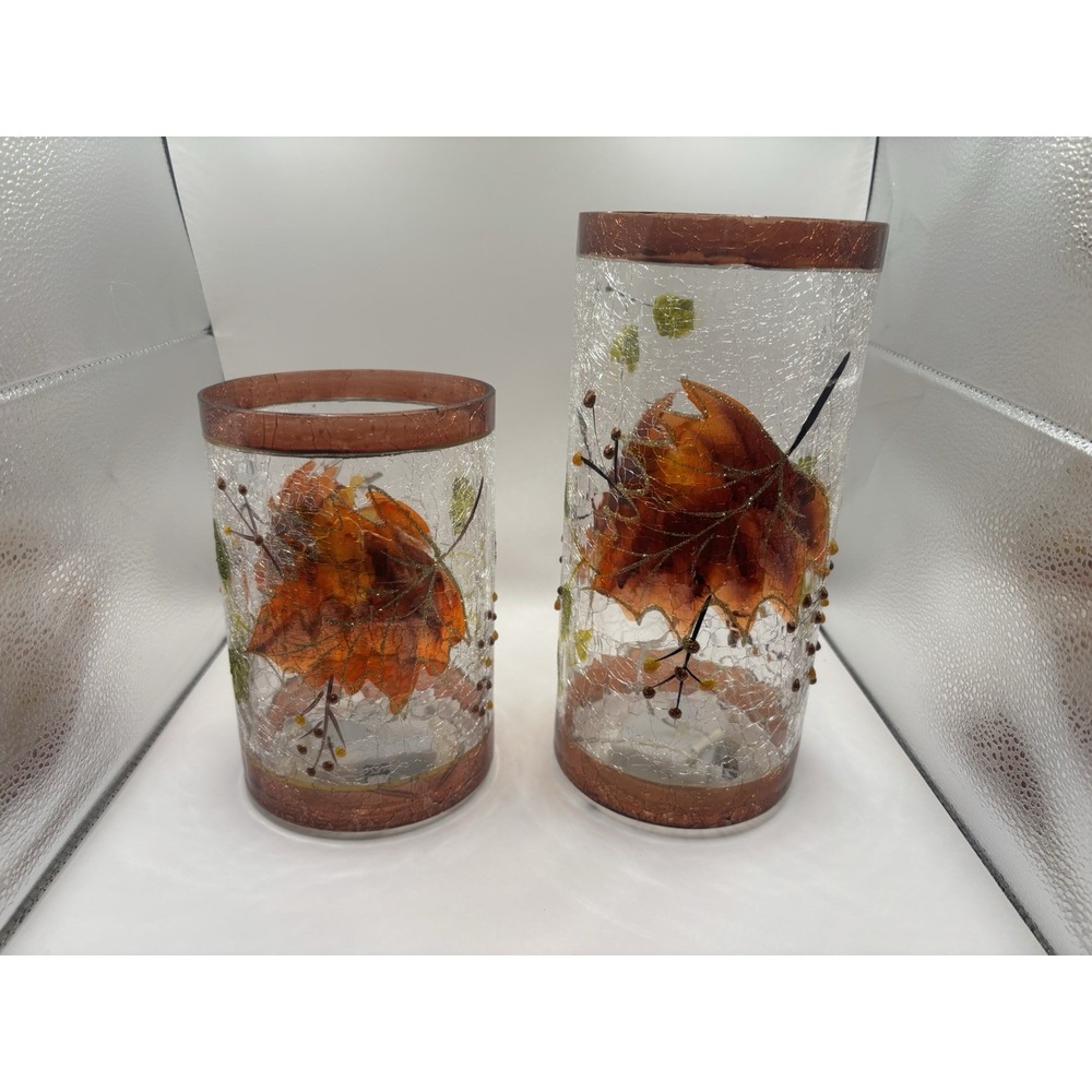 Fall Harvest Home LED Hand-Painted Glass Leaf Hurricanes Set of 2 Decorative